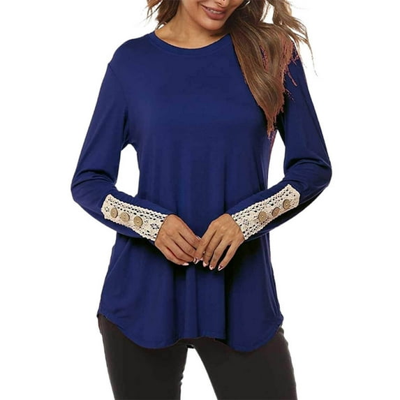 WXLWZYWL Ladies Fashionable Long Sleeved T-Shirt Lace Three-Dimensional Flower Round Neck Tops