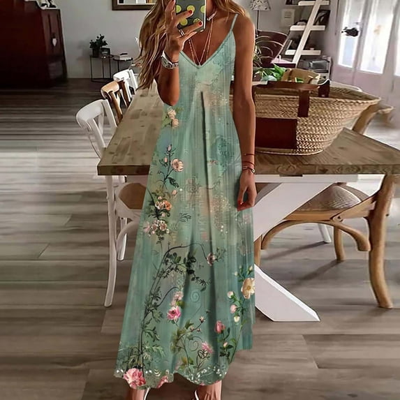 WXLWZYWL Ladies' Floral Print V Neck Light Green Plus Size Long Dress Summer Fashion and Casual Sleeveless Vintage Long Dress