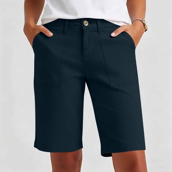 WXLWZYWL Ladies Twill Shorts High Rise Button Casual Knee Length Shorts with Cuffed Hem and Side Pockets