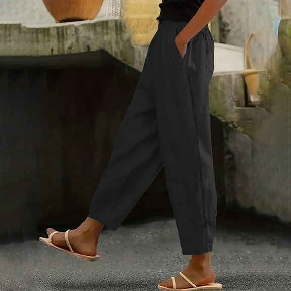 WXLWZYWL Linen Pants for Women Petite Length Lightweight Summer Baggy Comfy Cropped Pants Elastic High Waisted Casual Pants Tapered Ankle Capris Trousers Beach Vacation Outfits