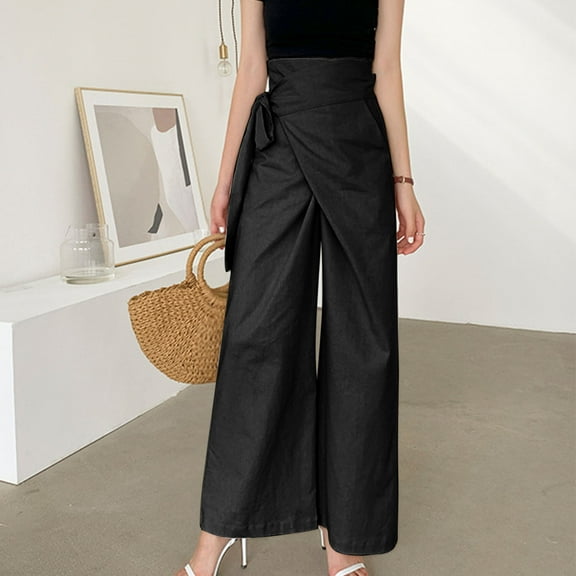 WXLWZYWL Linen Pants for Women 2024 Summer Linen Wrap Pant Solid Loose Wide Leg Capris Trousers Cotton Linen Wide Leg Pants Casual Solid Color Pants