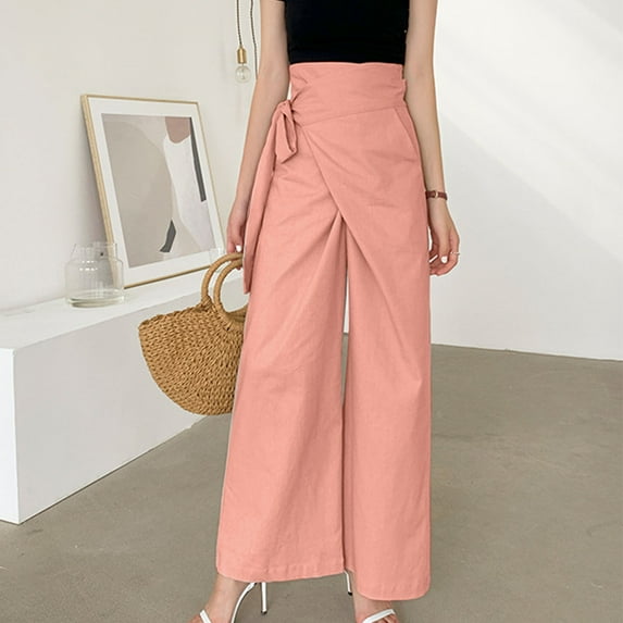 WXLWZYWL Linen Pants for Women 2024 Summer Linen Wrap Pant Solid Loose Wide Leg Capris Trousers Cotton Linen Wide Leg Pants Casual Solid Color Pants