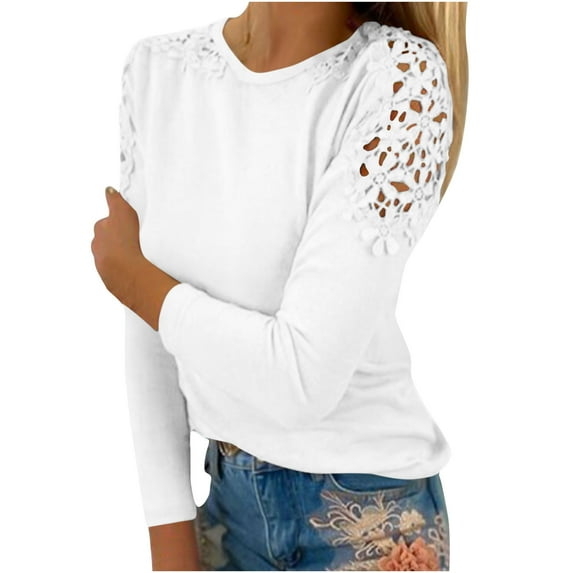 WXLWZYWL Long Sleeve Shirts for Women Plus Size Women Casual Solid Round-Neck Lace Hollow Out Long Sleeve Pullover Slimming Blouse T-Shirt Tops White