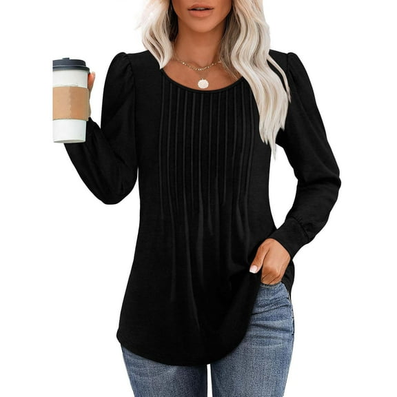 WXLWZYWL Long Sleeve Shirts for Women Fall Tops Dressy Casual Blouses Pleated Scooped Neck Tunic Tops for Leggings