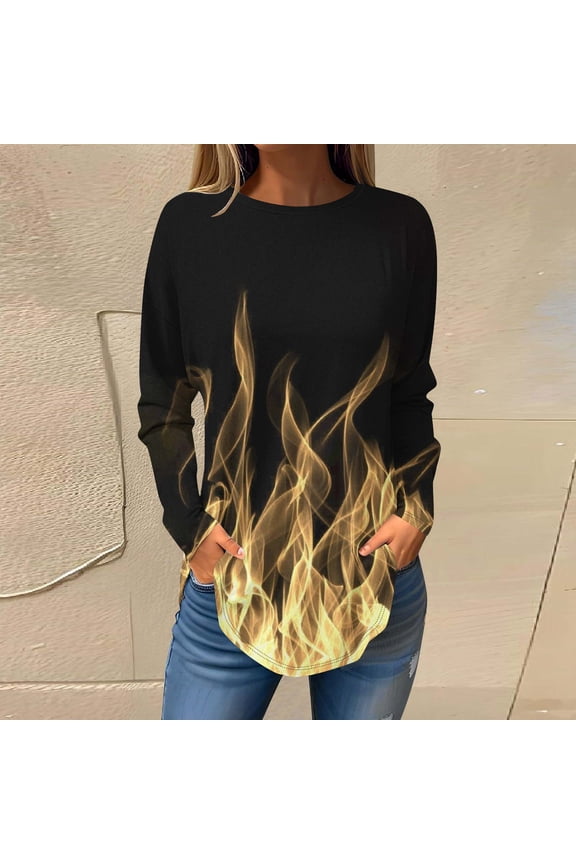 Long Sleeve Shirts for Women Plus Size Round Neck Pullover Tops Casual Trendy Fire Print Tees Loose Blouse Flame Graphic Tshirts