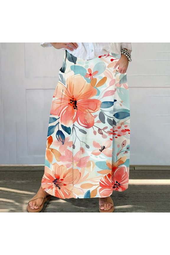 Maxi Skirts for Women Fall Vintage Paisley Print Long Maxi Skirt Trendy Fall Floral Boho Long Skirts Dress with Pockets