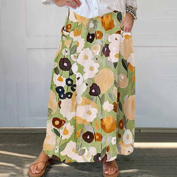 WXLWZYWL Maxi Skirts for Women Fall Vintage Paisley Print Long Maxi Skirt Trendy Fall Floral Boho Long Skirts Dress with Pockets