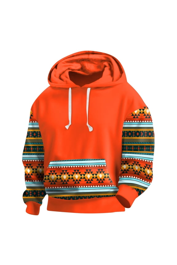 Men Aztec Tribal Pullover Hoodie Western Ethnic Graphic Hooded Sweatshirts Long Sleeve Patchwork Pullover Tops