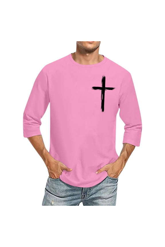 Men Baseball T Shirt Plus Size 3/4 Sleeve Round Neck Solid Color Shirt Casual Loose T Shirts Comfortable Fit Tee Blouses Pink XXXXL