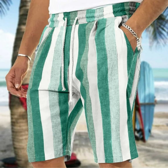 WXLWZYWL Men's Casual Shorts Linen Stripe Shorts - Classic Regular Fit Elastic Waist Drawstring 11" Shorts Summer Casual Beach Shorts with Pockets