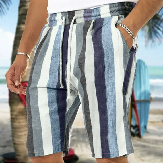 WXLWZYWL Men's Casual Shorts Linen Stripe Shorts - Classic Regular Fit Elastic Waist Drawstring 11" Shorts Summer Casual Beach Shorts with Pockets