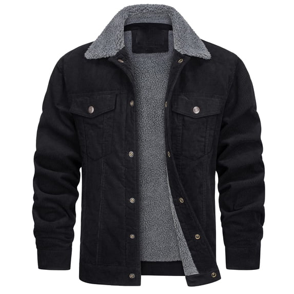 WXLWZYWL Men's Corduroy Jacket Sherpa Lined Trucker Jackets Cotton Turn-Down Collar Warm Winter Jacket Casual Coat 5 Pockets