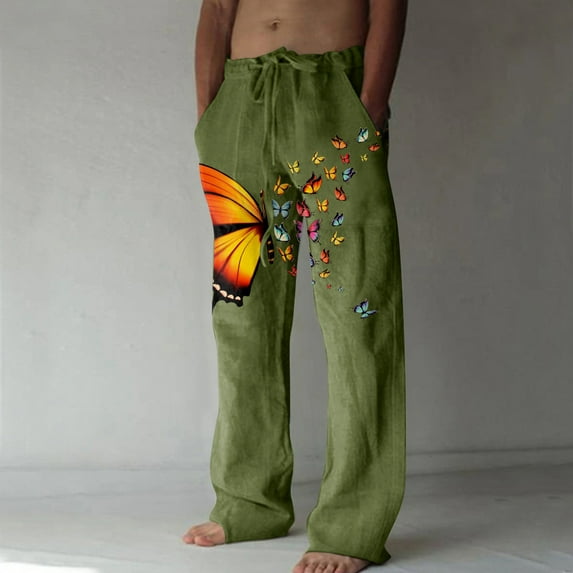 WXLWZYWL Men's Cotton Linen Pants Elastic Drawstring Waist Casual Wide Leg Pants Straight Leg Yoga Pants Lightweight Summer Beach Pants