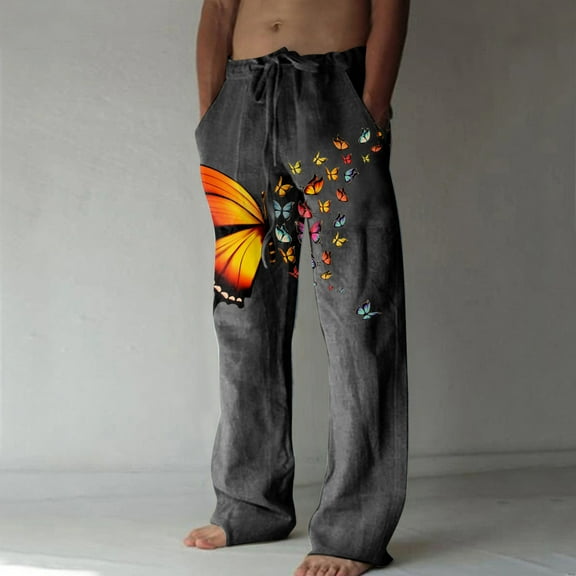 WXLWZYWL Men's Cotton Linen Pants Elastic Drawstring Waist Casual Wide Leg Pants Straight Leg Yoga Pants Lightweight Summer Beach Pants