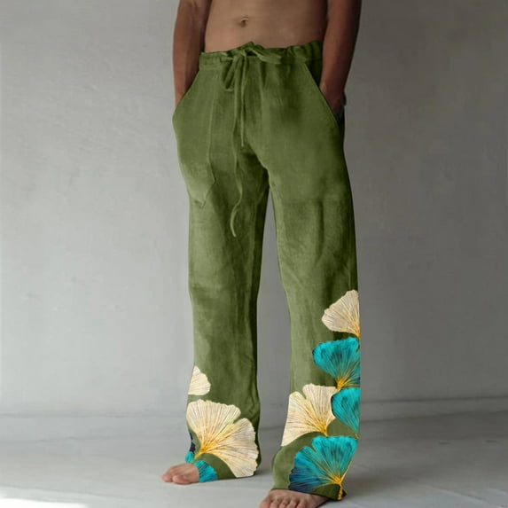 WXLWZYWL Men's Cotton Linen Pants Elastic Drawstring Waist Casual Wide Leg Pants Straight Leg Yoga Pants Lightweight Summer Beach Pants