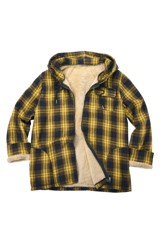 Men's Cotton Plaid Long Sleeve Shirts Jacket Fleece Lined Flannel Shirts Sherpa Button Down Coat with Hood