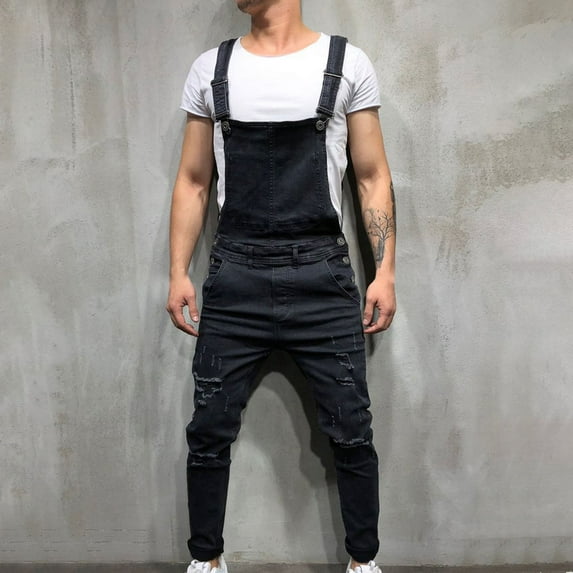 WXLWZYWL Men's Denim Bib Overalls Jeans Slim Fit Jumpsuit with Pockets Ripped Long Pants Suspender Trousers