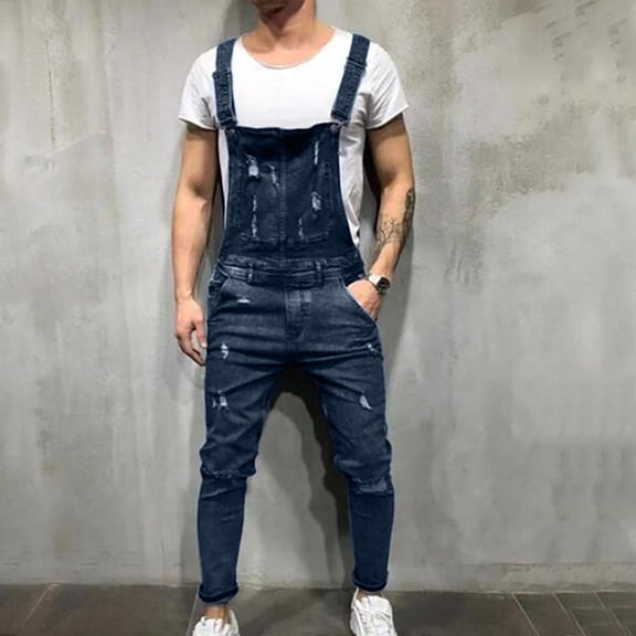 WXLWZYWL Men's Denim Bib Overalls Workwears Pants One-piece Ripped Slim-fit Jumpsuit with Adjustable Straps and Pockets