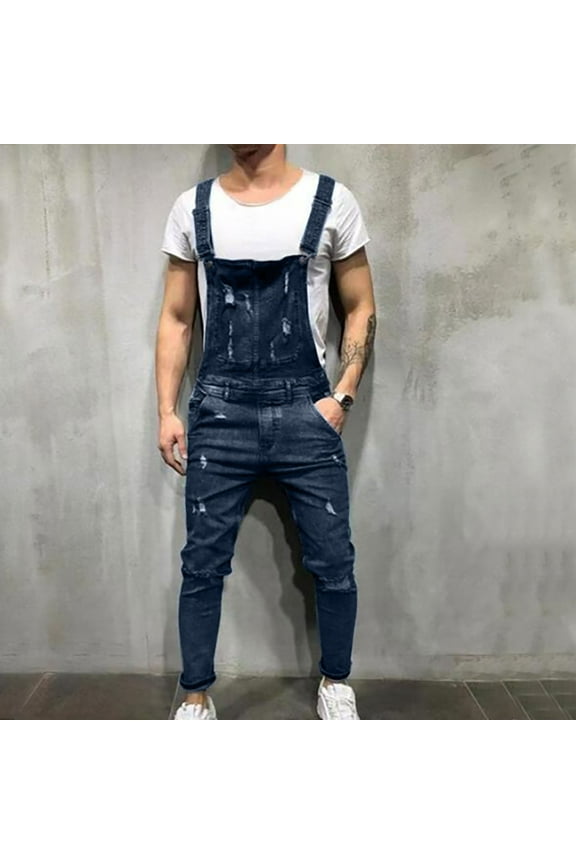 Men's Denim Bib Overalls Workwears Pants One-piece Ripped Slim-fit Jumpsuit with Adjustable Straps and Pockets