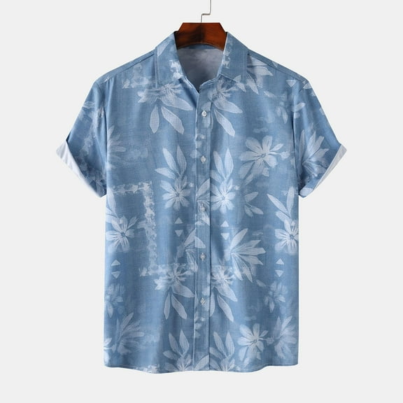 WXLWZYWL Men's Hawaiian Shirts Plus Size Short Sleeve Button Down Casual Loose Shirts Summer Printed Tropical Floral Aloha Beach Shirts Blue L