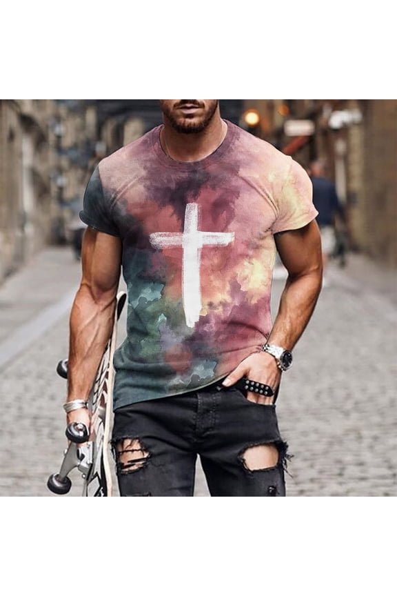 Men' Jesus Cross 3D Printed T-Shirt Plus Size Short Sleeve Round Neck Funny Graphic Tees Tops Christian Religious Bible Loose Casual T-Shirts Purple XXXXL