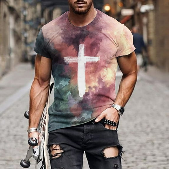 WXLWZYWL Men' Jesus Cross 3D Printed T-Shirt Plus Size Short Sleeve Round Neck Funny Graphic Tees Tops Christian Religious Bible Loose Casual T-Shirts Purple L