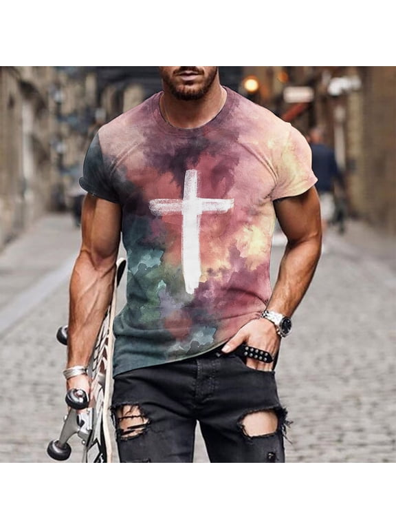 Men' Jesus Cross 3D Printed T-Shirt Plus Size Short Sleeve Round Neck Funny Graphic Tees Tops Christian Religious Bible Loose Casual T-Shirts Purple M