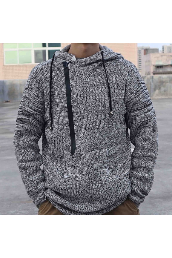 Men's Knitted Sweater - Slim Pullover Sweaters for Men with Hoodie Vintage Drawstring Turtleneck Knit Hoodie Casual Long Sleeve Loose Knitted Pullover