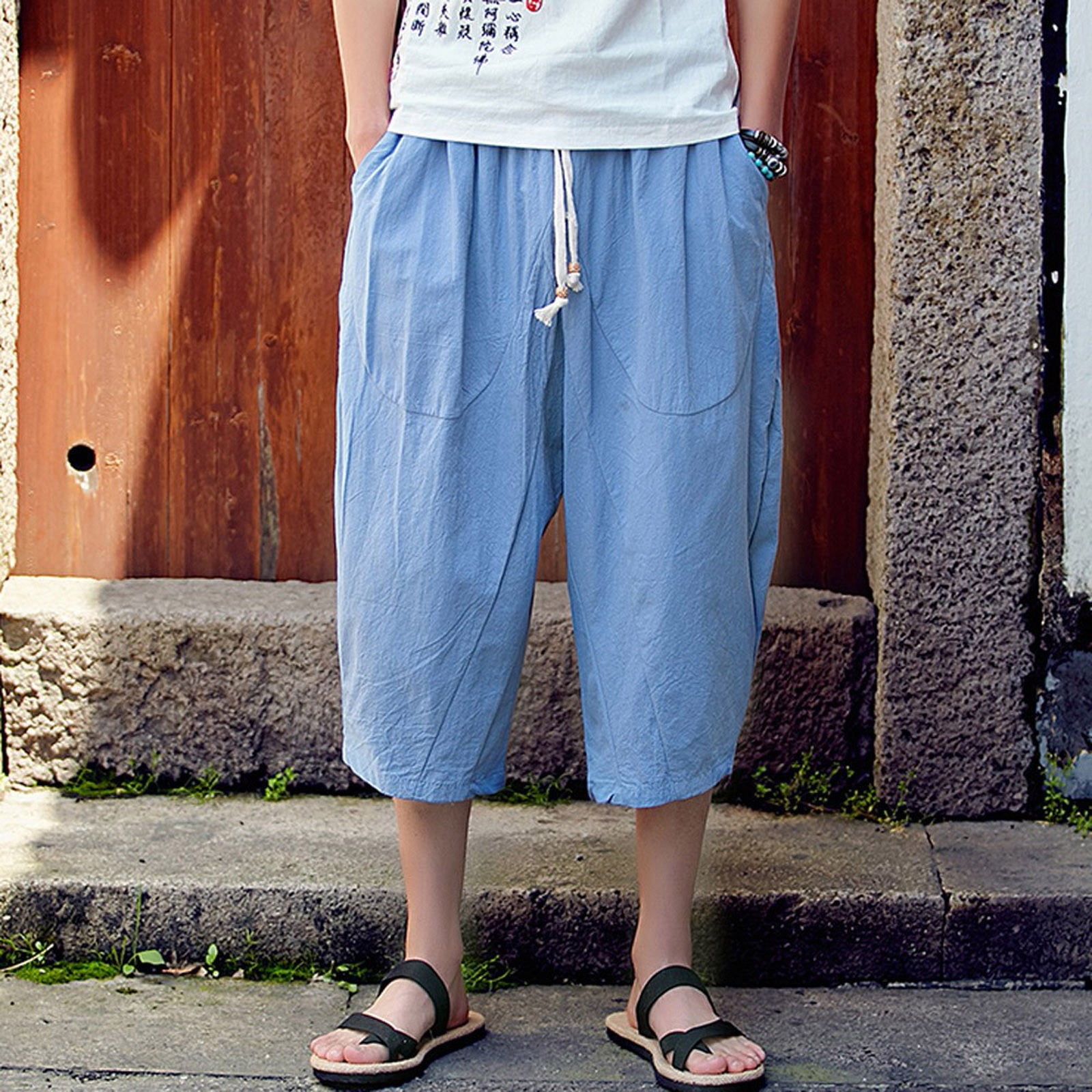 Men's Baggy Harem Pants - 3/4 Length Capri Pants With Drawstring Waist & Pockets