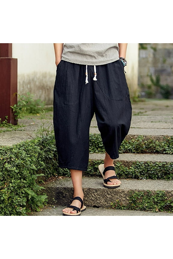 Men's Linen Cotton Capri Pants Loose Fit Elastic Waist Wide Leg Baggy Harem Pants Light 3/4 Long Shorts Drawstring Harem Casual Beach Yoga Trousers