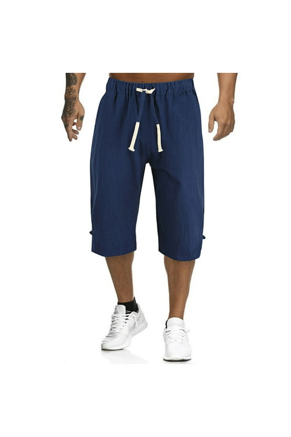 Men's Long Cotton Linen Shorts Knee Length 3/4 Baggy Pants Summer Drawstring Sport Running Work Shorts Golf Lounge Capri Pant with Pockets