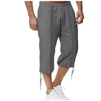 WXLWZYWL Men's Long Cotton Linen Shorts Yoga Pants Knee Length 3/4 Baggy Pants Summer Drawstring Sport Golf Lounge Capri Pant with Pockets