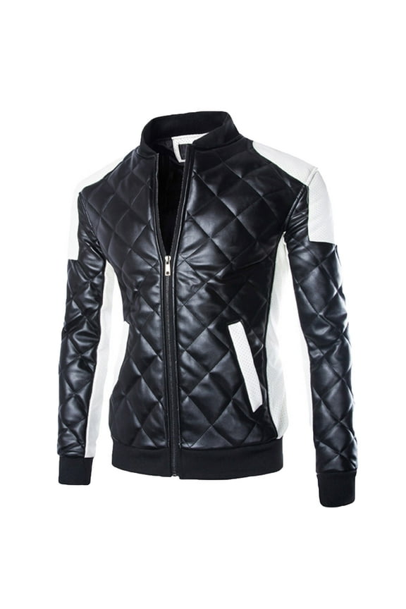 Men's PU Faux Leather Jacket White Black Moto Bomber Slim Fit Coat Diamond-Shaped Coat Faux Biker Racing Street Patchwork Streetwear