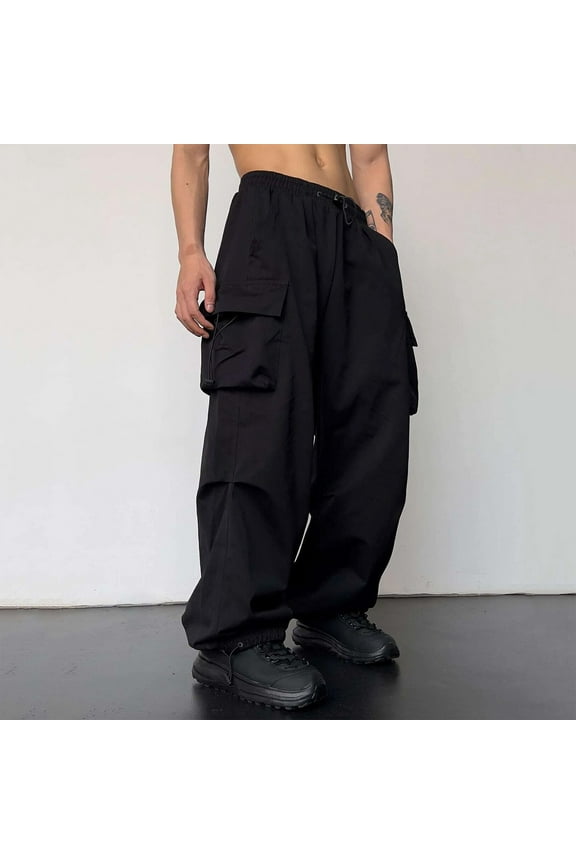 Men's Parachute Cargo Pants Loose Fit Y2K Pants Drawstring Casual Pants Design Beam Feet Trousers Baggy Cargo Pants Parachute Cargo Pants with Pockets