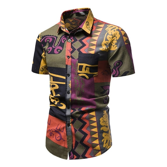 WXLWZYWL Men's Plus Size Dressy Shirts Short Sleeve Button Down Cotton Traditional Pattern Printing Vintage Ethnic Style Casual Loose Hawaiian Shirts with Pocket Multicolor XL
