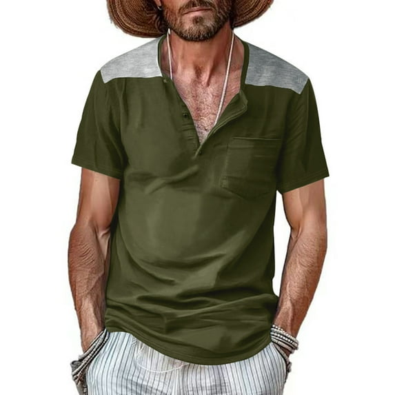 WXLWZYWL Men's Plus Size Henley Shirt Clearance Short Sleeve V Neck Button Up Loose Running Workout Tops Casual Summer Colorblock T-Shirts with Pockets Army Green S