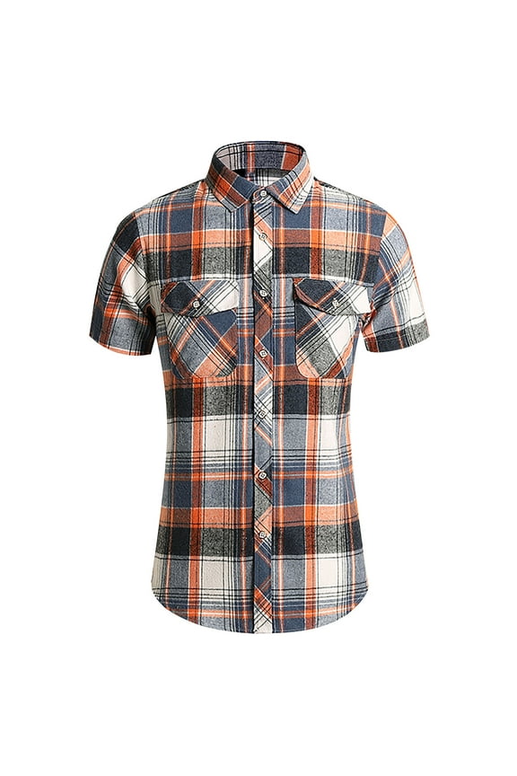 Men's Plus Size Plaid Shirt Short Sleeve Button Down Turndown Collar Shirts Double Pockets Summer Casual Dress Shirts Blouses Blue XXXXL