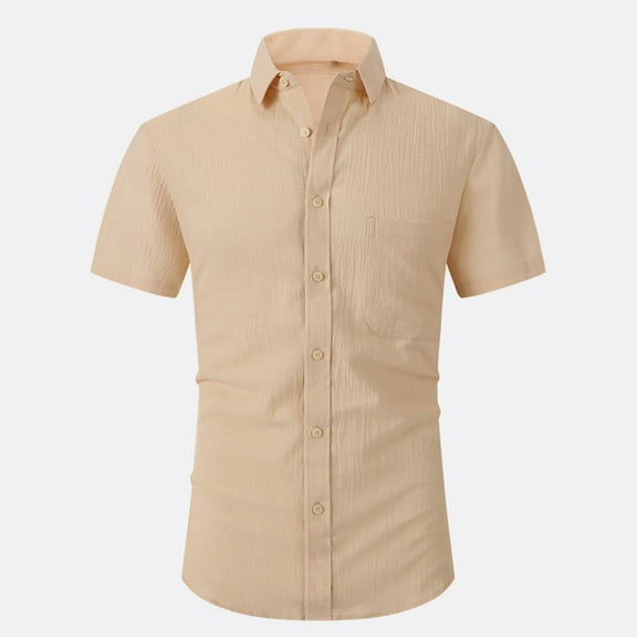 WXLWZYWL Men's Plus Size Shirts Short Sleeve Button Down Cotton Linen Shirts with Pocket Casual Solid Color Summer Beach Linen Shirts for Men Khaki M