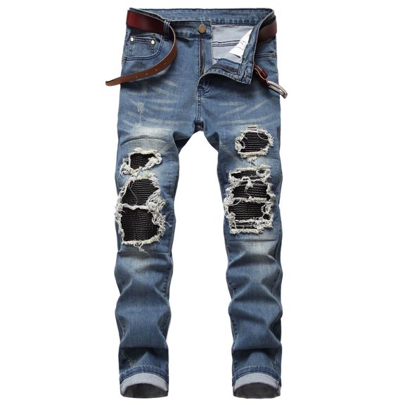 WXLWZYWL Men's Ripped Patchwork Pleated Stretch Biker Jeans with Zippers Moto Washed Distressed Slim Fit Straight Jeans Denim Patch Stretch Regular Fit Jean