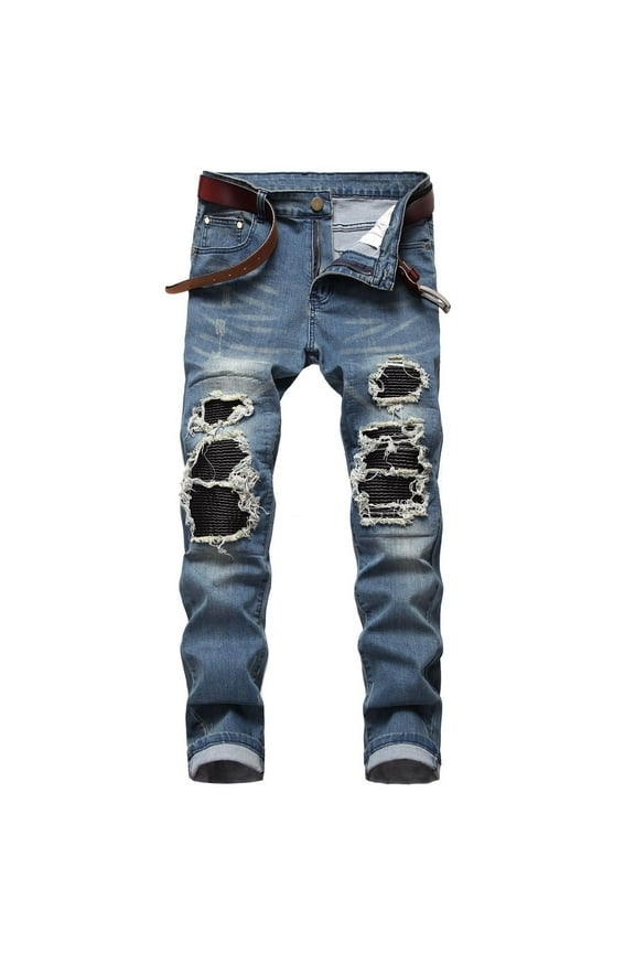 Men's Ripped Patchwork Pleated Stretch Biker Jeans with Zippers Moto Washed Distressed Slim Fit Straight Jeans Denim Patch Stretch Regular Fit Jean