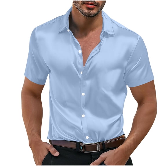 WXLWZYWL Men's Satin Muscle Dress Shirts Plus Size Button down Short Sleeve Casual Shirt Collared Summer Beach Wedding Shirt