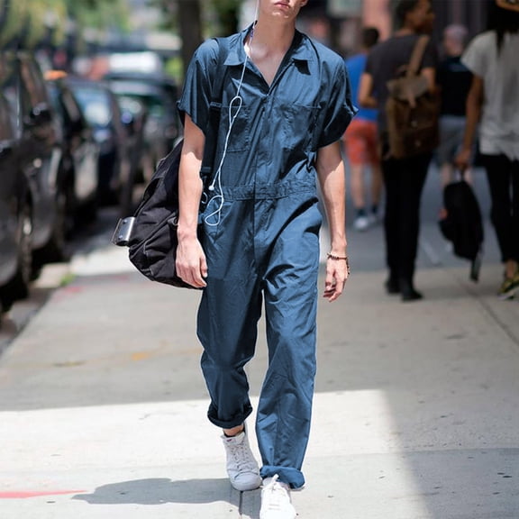 WXLWZYWL Men's Short Sleeve Coverall Action Back Coverall with Pockets,Button Down Lapel Mechanic Uniform, Solid Color Coverall