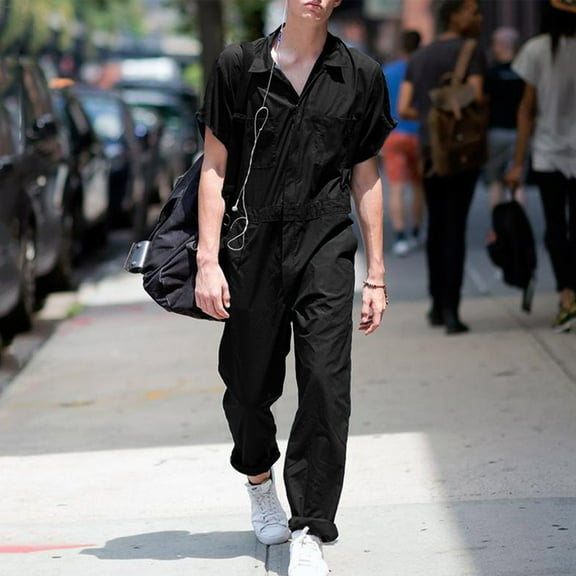 WXLWZYWL Men's Short Sleeve Coverall Action Back Coverall with Pockets,Button Down Lapel Mechanic Uniform, Solid Color Coverall