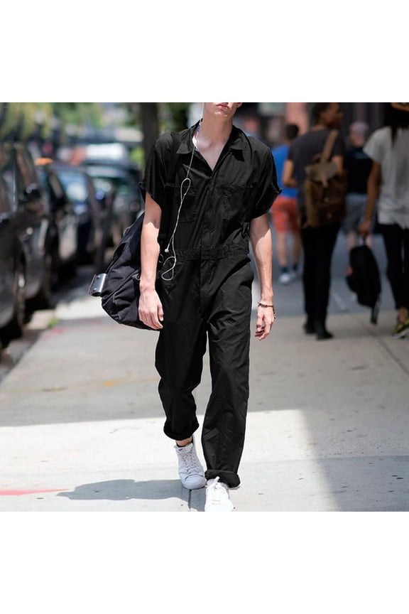 Men's Short Sleeve Coverall Action Back Coverall with Pockets,Button Down Lapel Mechanic Uniform, Solid Color Coverall