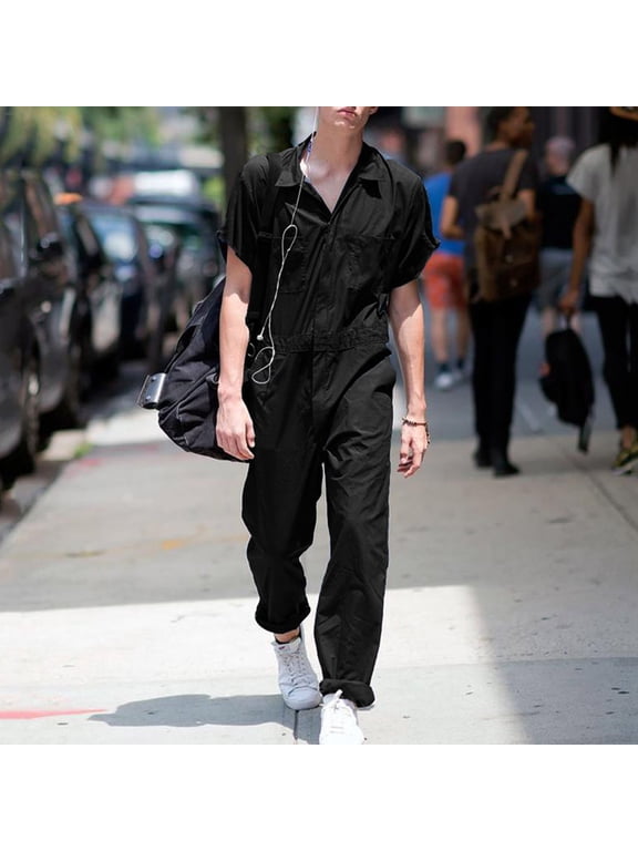 Men's Short Sleeve Coverall Action Back Coverall with Pockets,Button Down Lapel Mechanic Uniform, Solid Color Coverall