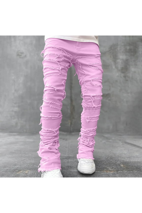 Men's Slim Fit Stretch Jeans Distressed Patchwork Stacked Frayed Straight Leg Skinny Denim Trendy Pants Ripped Patchwork Denim Pants
