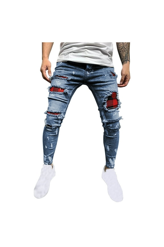 Men's Slim Fit Stretch Jeans Ripped Skinny Jeans for Men Straight Leg Comfort Flex Waist Cargo Denim Pants Stretch Skinny Jeans Pattern Slim Fit Ripped Jeans