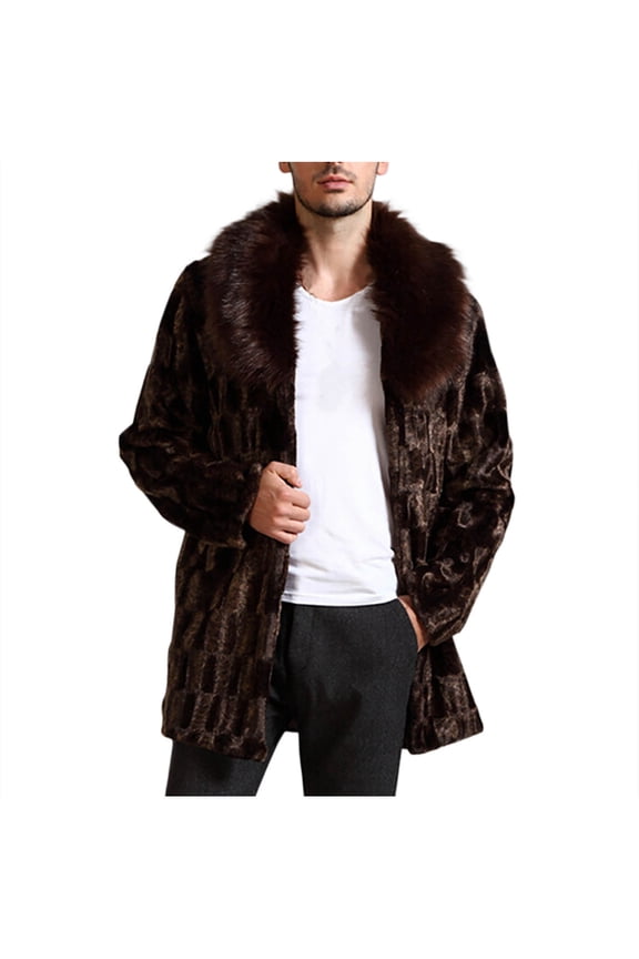 Men's Winter Parka Coat Long Sleeve Turn Collar Faux Fur Coat Jacket Overcoat