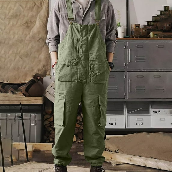 WXLWZYWL Men's Work Bib Overalls Loose Fit Workwear Dungarees Sloppy Coveralls Casual Soid Breast Pocket Washed Suspender Long Pants Cargo Pants with Adjustable Straps and Big Pockets
