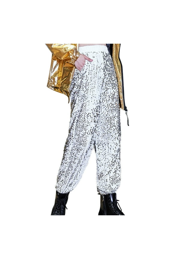 Mens Casual Solid Costumes Sequins Solid Straight Barrel Harlan Trousers Pants Silver Glitter Pattern Shiny Sparkles Oversized Activewear Sport Gym Yoga Pants